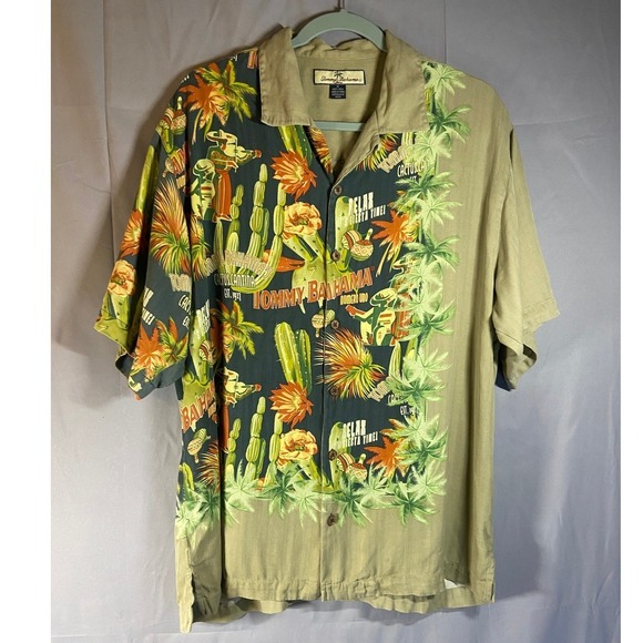 Tommy Bahama Short Sleeve Open Collar Silk Box Shirt, Men's Size L silk black type Vintage Second Hand